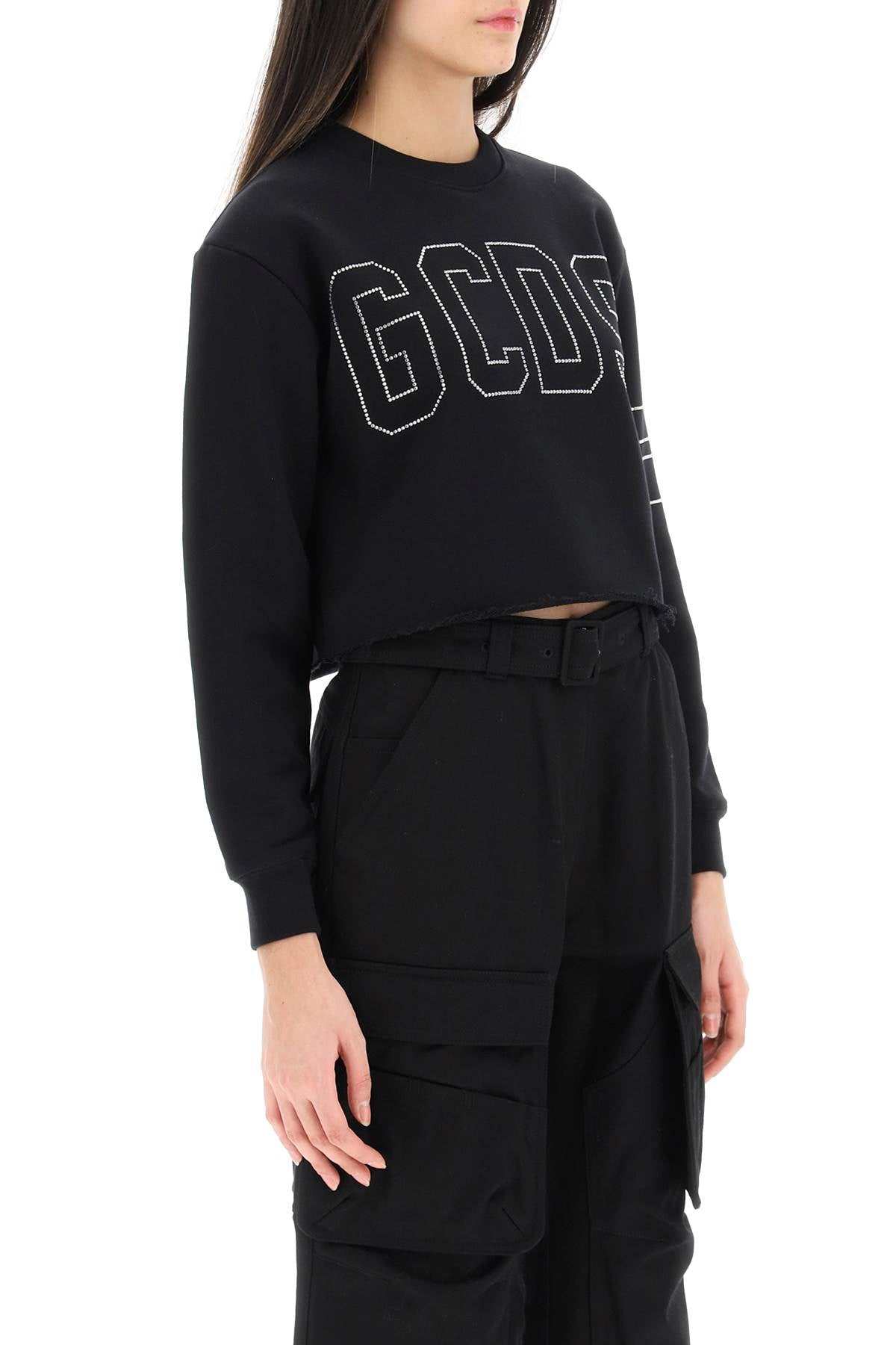 Gcds Cropped Sweatshirt With Rhinestone Logo   Black