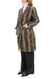 Ganni Snake Effect Faux Leather Trench Coat   Brown