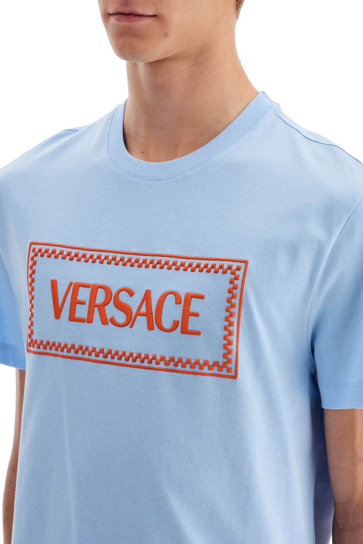 Versace Embroidered Logo T Shirt   Light Blue