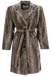 Ganni Snake Effect Faux Leather Trench Coat   Brown