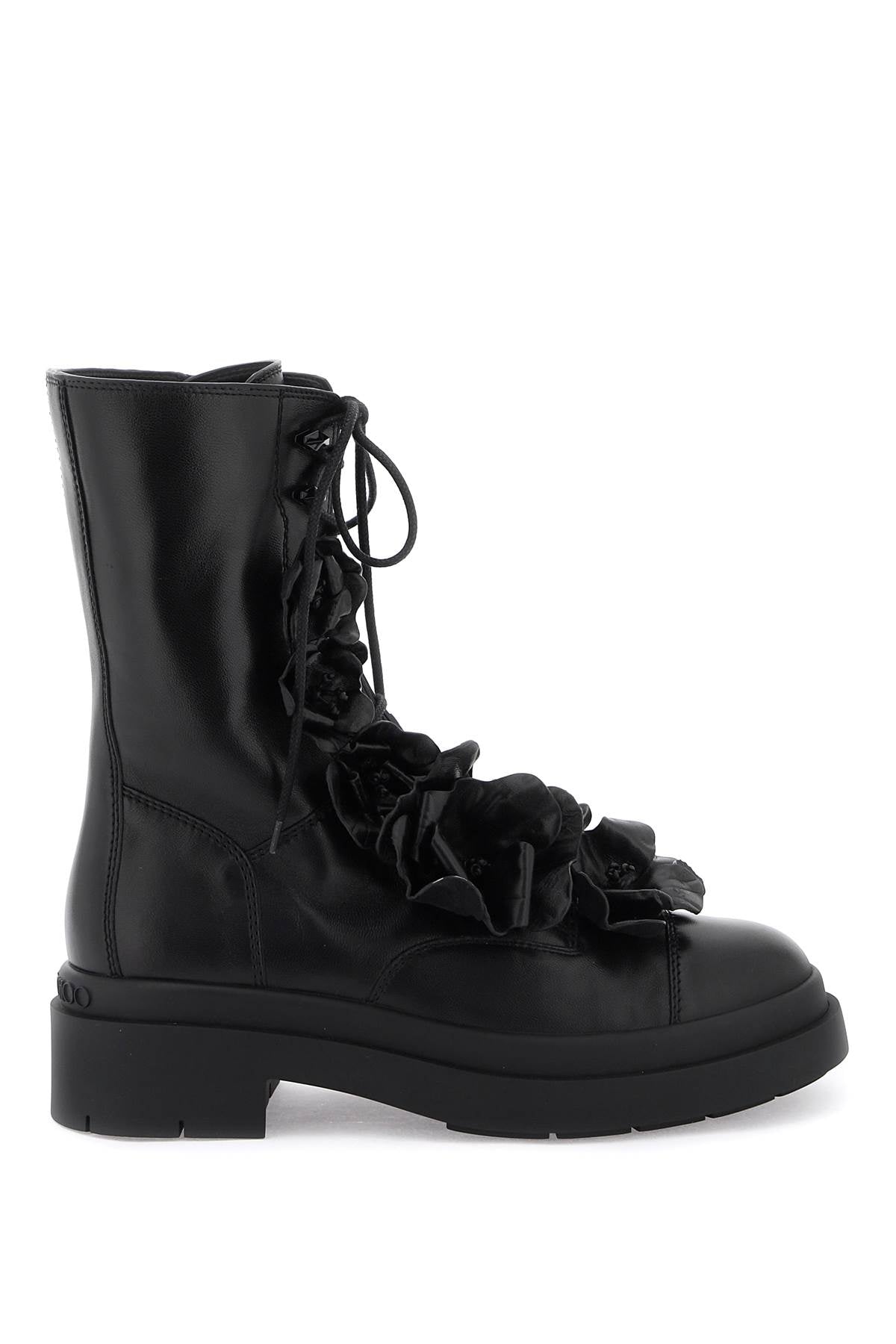 Jimmy Choo Nari Flowers Flat Combat Boots   Black