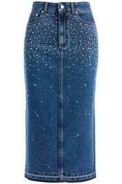 Alessandra Rich Replace With Double Quotedenim Midi Skirt With Rhin   Blue