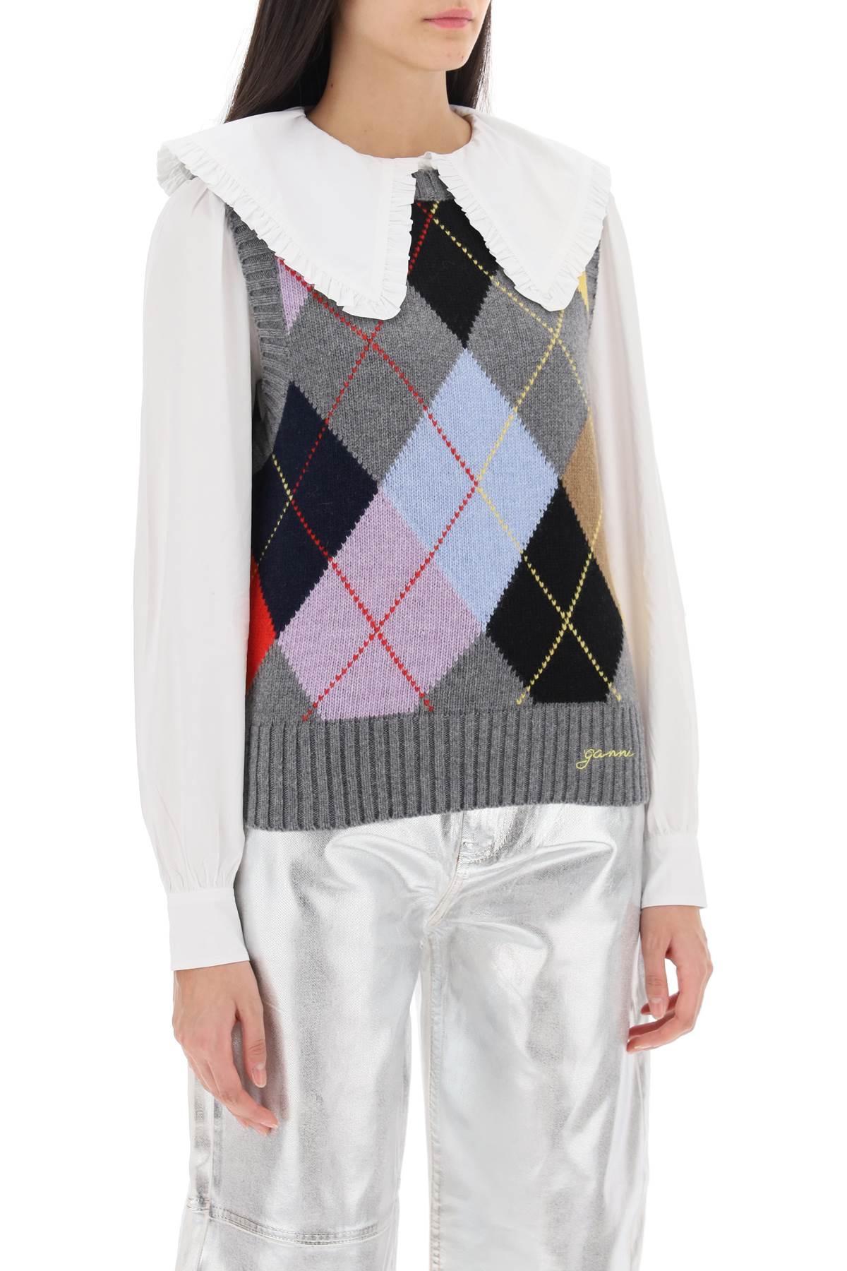 Ganni Wool Vest With Argyle Pattern   Multicolor