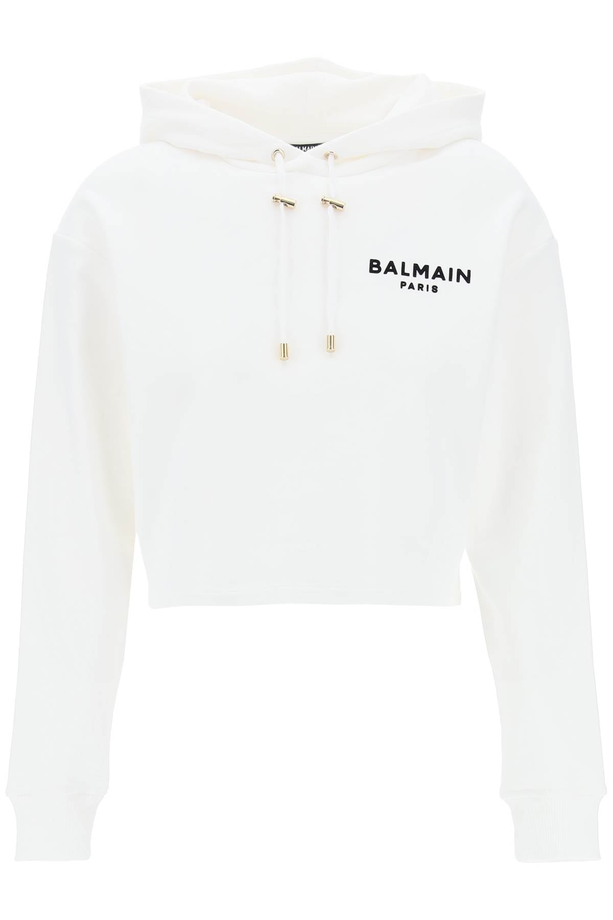 Balmain Cropped Hoodie With Flocked Logo   White