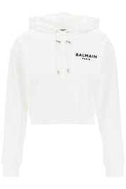 Balmain Cropped Hoodie With Flocked Logo   White