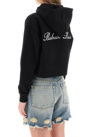 Balmain Cropped Hoodie With Logo Embroidery   Black