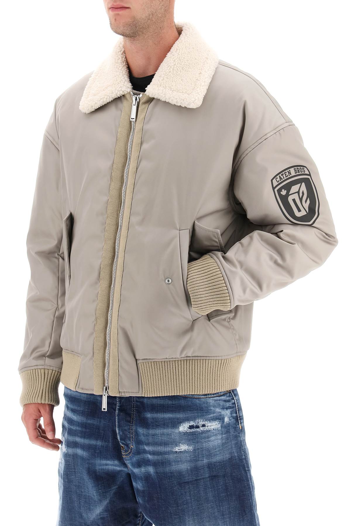 Dsquared2 Padded Bomber Jacket With Collar In Lamb Fur   Grey