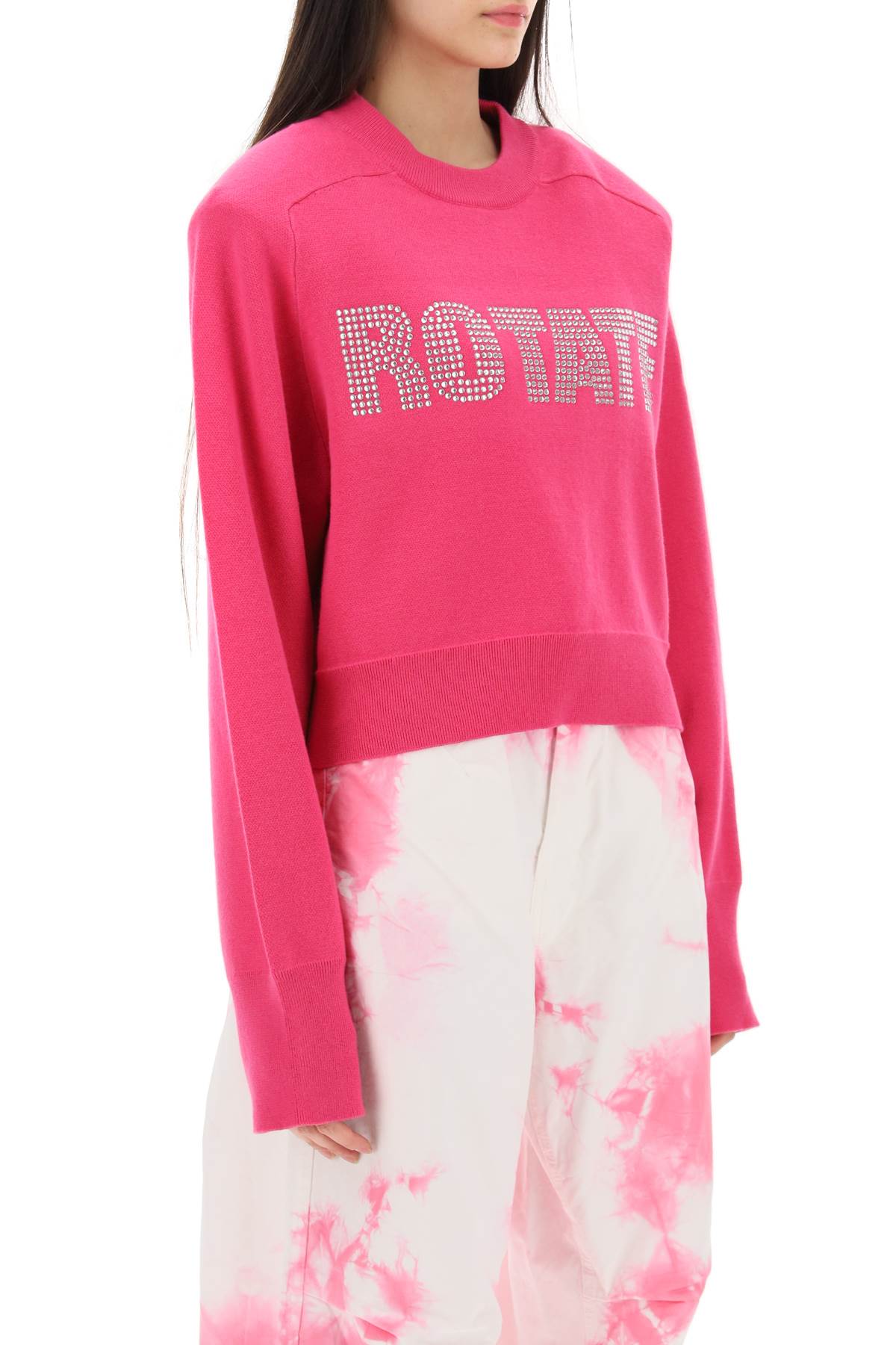 Rotate Rhinestone Logo Organic Cotton Sweater   Fuchsia