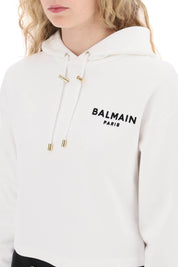 Balmain Cropped Hoodie With Flocked Logo   White