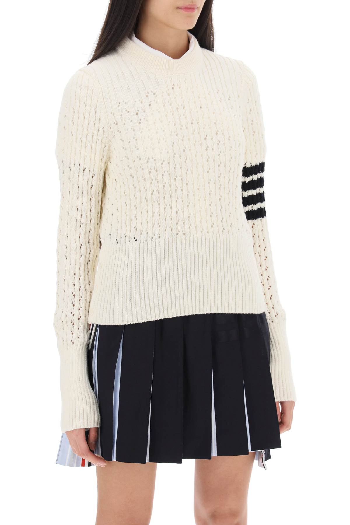 Thom Browne Pointelle Stitch Merino Wool 4 Bar Sweater   White