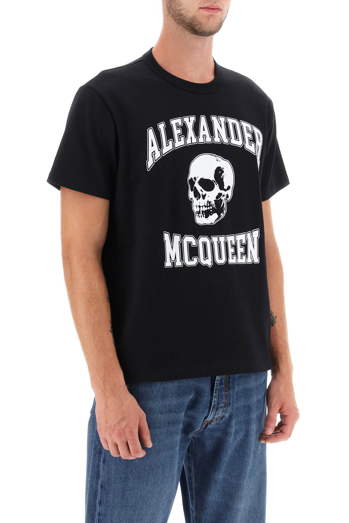 Alexander Mcqueen T Shirt With Varsity Logo And Skull Print   Black