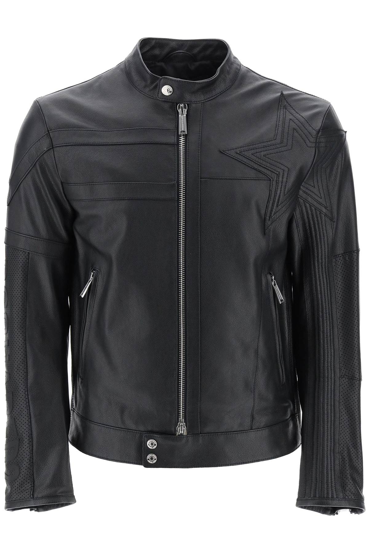 Dsquared2 Leather Biker Jacket With Contrasting Lettering   Black