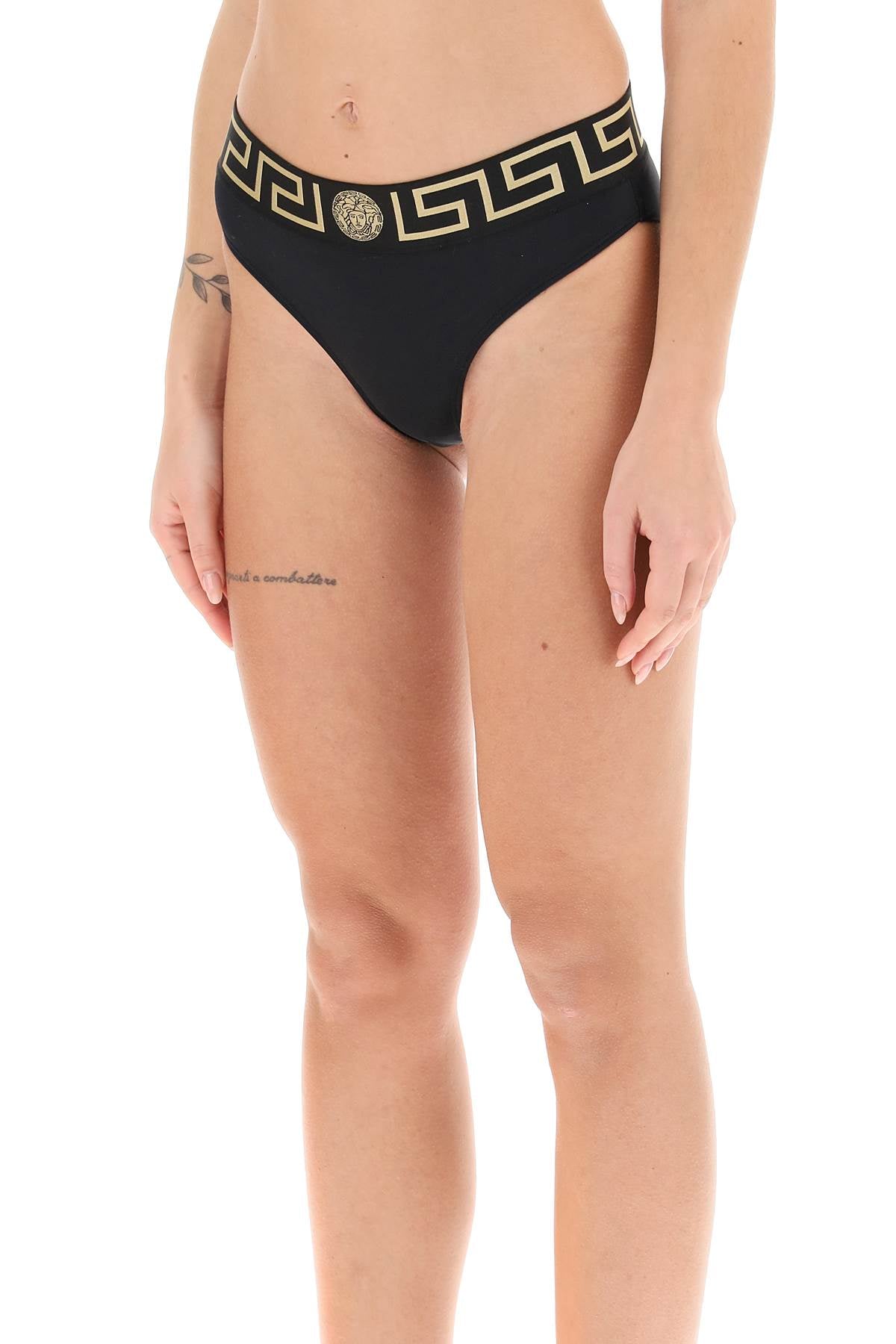 Versace Bikini Bottom With Greca Band   Black