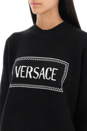 Versace Crew Neck Sweater With Logo Inlay   Black