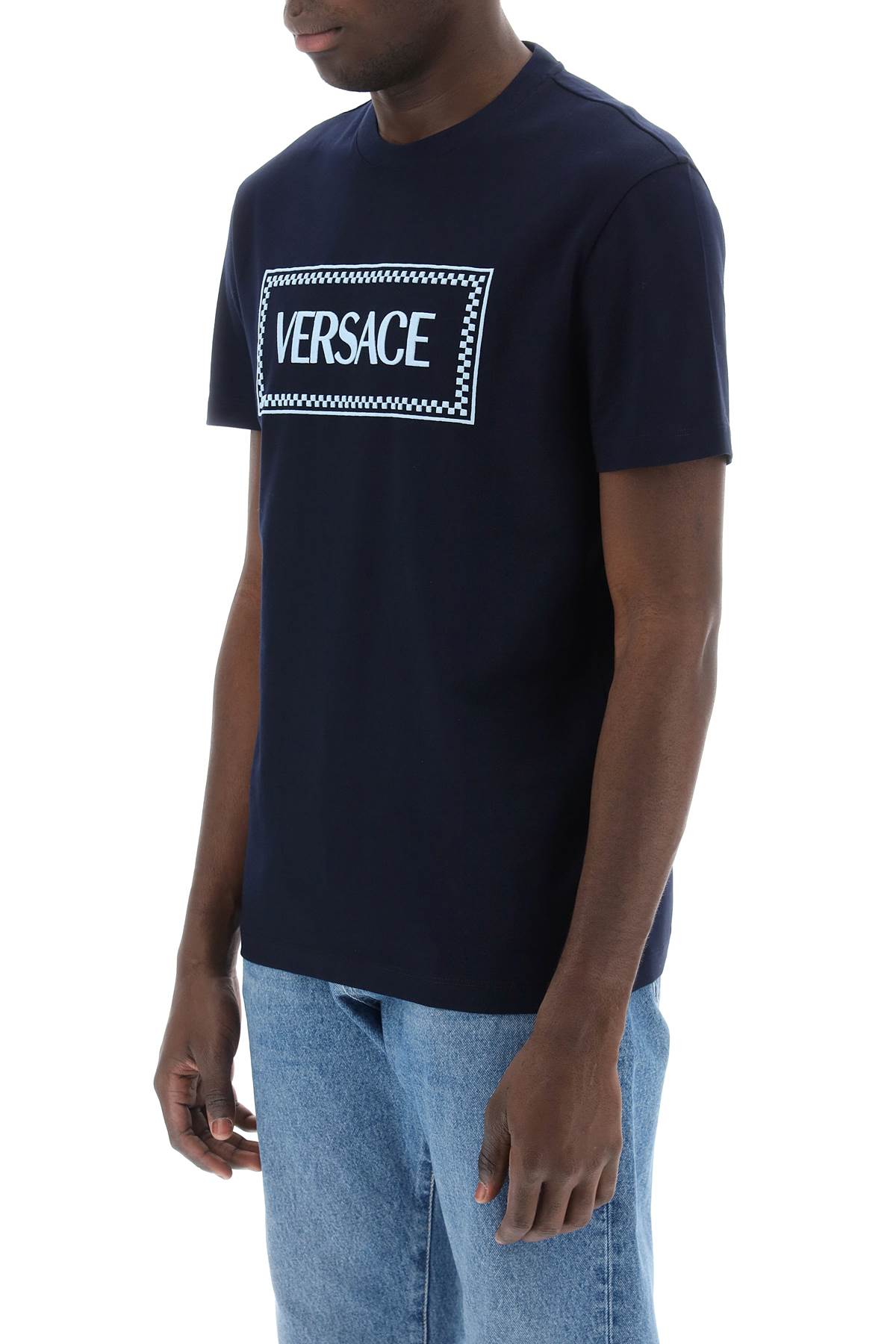 Versace Embroidered Logo T Shirt   Blue