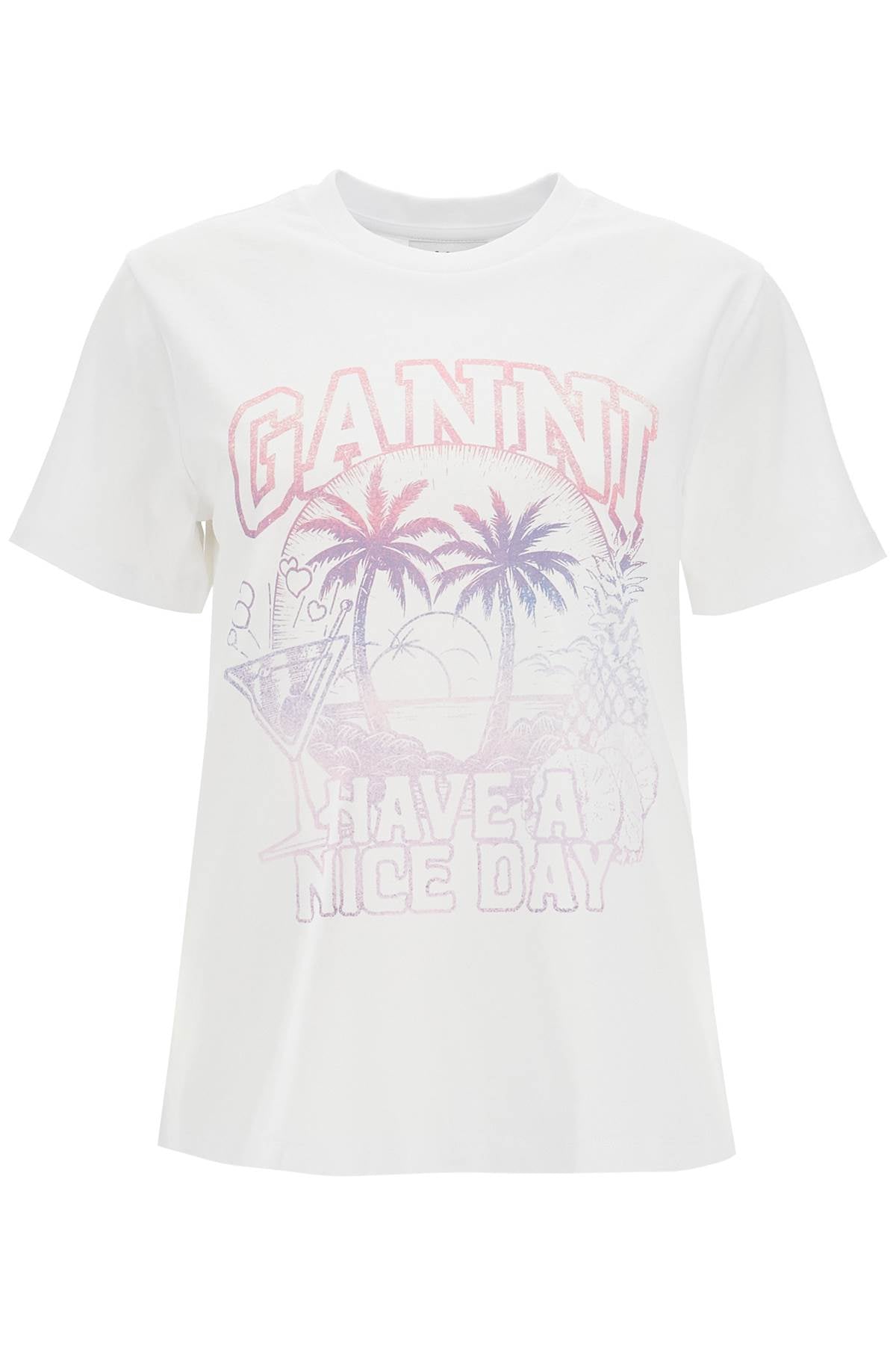 Ganni Printed Relaxed Fit T Shirt   White