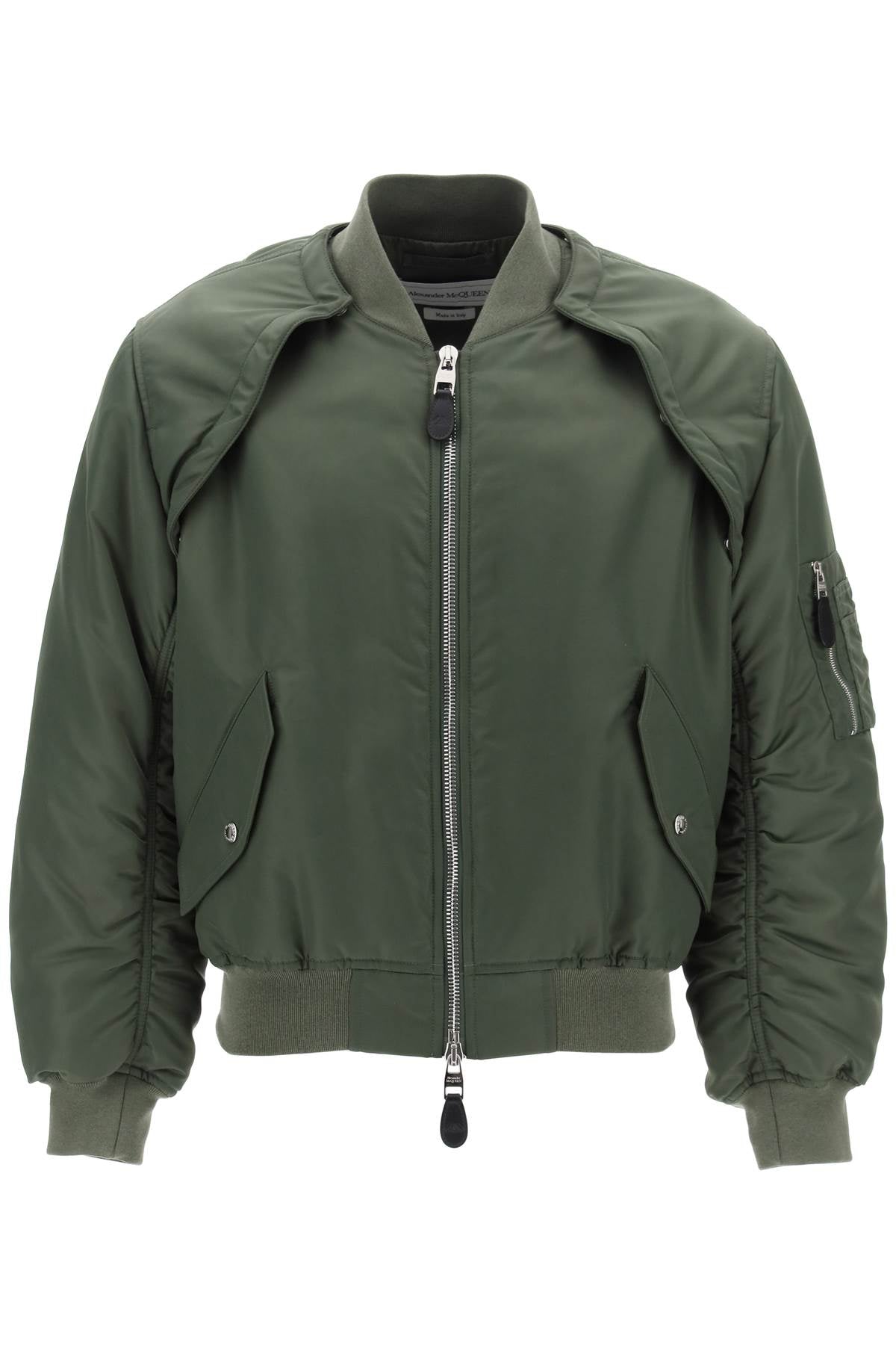 Alexander Mcqueen Convertible Bomber Jacket In Nylon Satin   Khaki