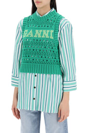 Ganni Open Stitch Knitted Vest With Logo   Green