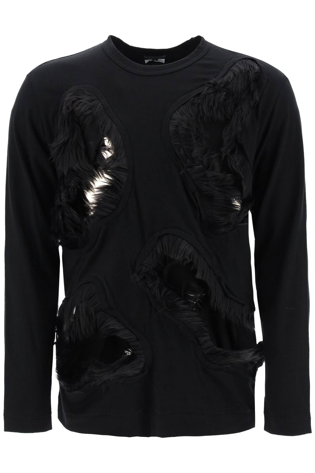 Comme Des Garcons Homme Plus Long Sleeved T Shirt With Faux Fur Trimmed Cut Outs   Black