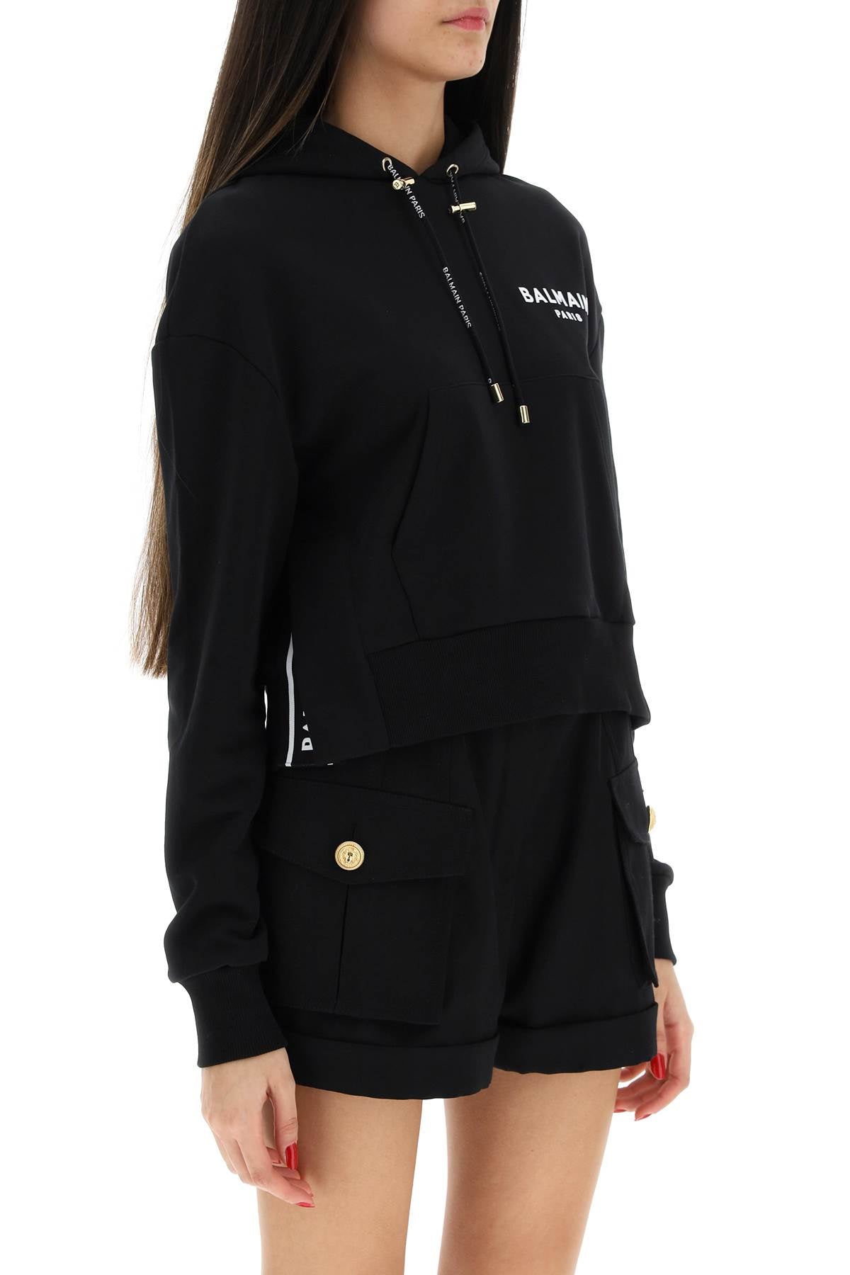 Balmain Cropped Hoodie With Flocked Logo   Black