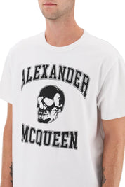 Alexander Mcqueen T Shirt With Varsity Logo And Skull Print   White