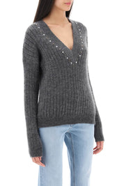 Alessandra Rich Wool Knit Sweater With Studs And Crystals   Grey