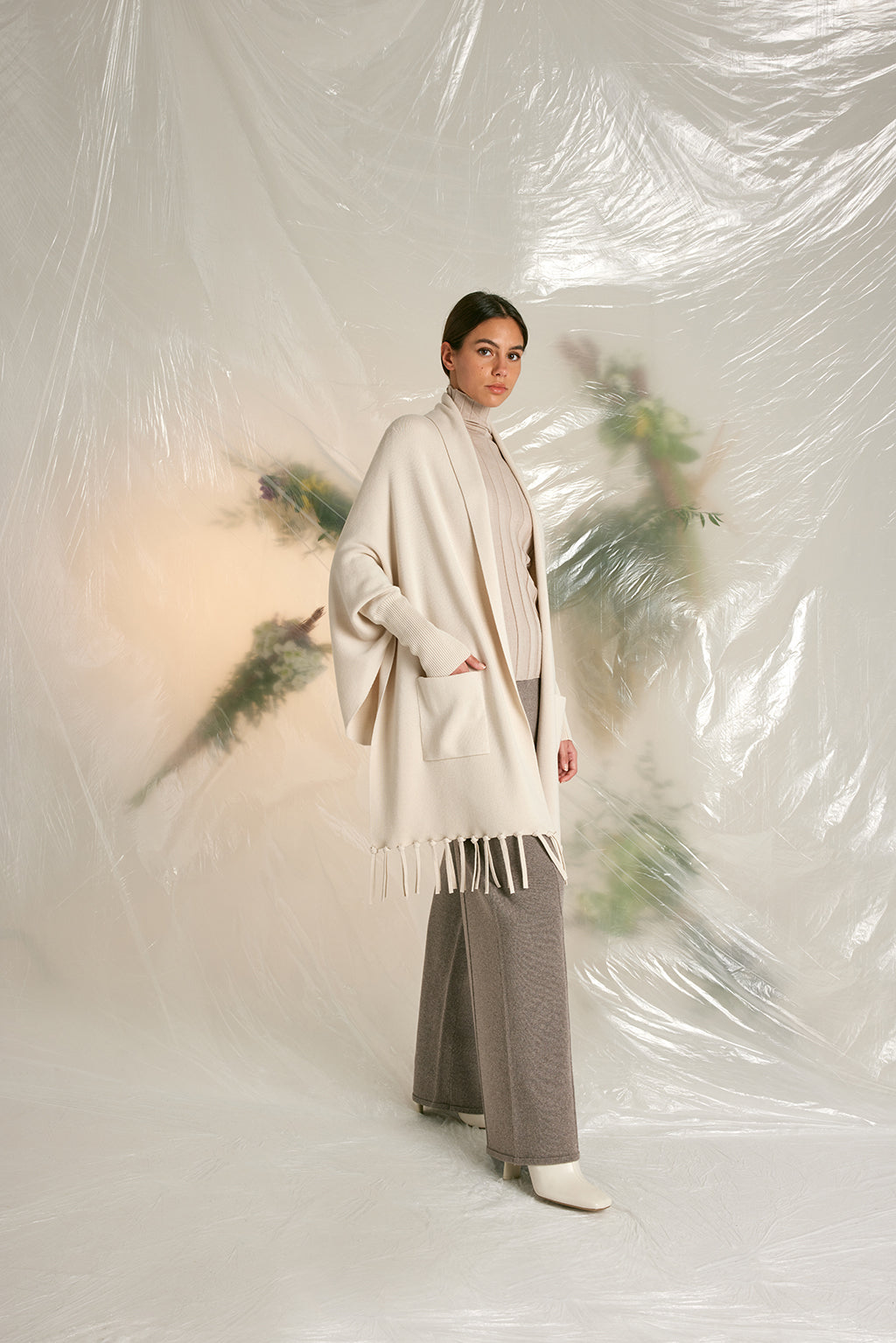 Reversible Merino Wool Cape with Hand-Applied Fringes