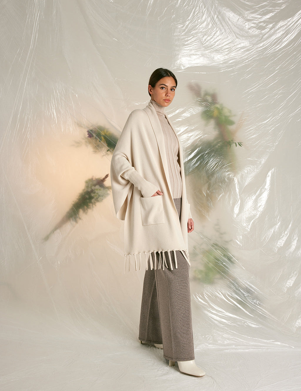 Reversible Merino Wool Cape with Hand-Applied Fringes