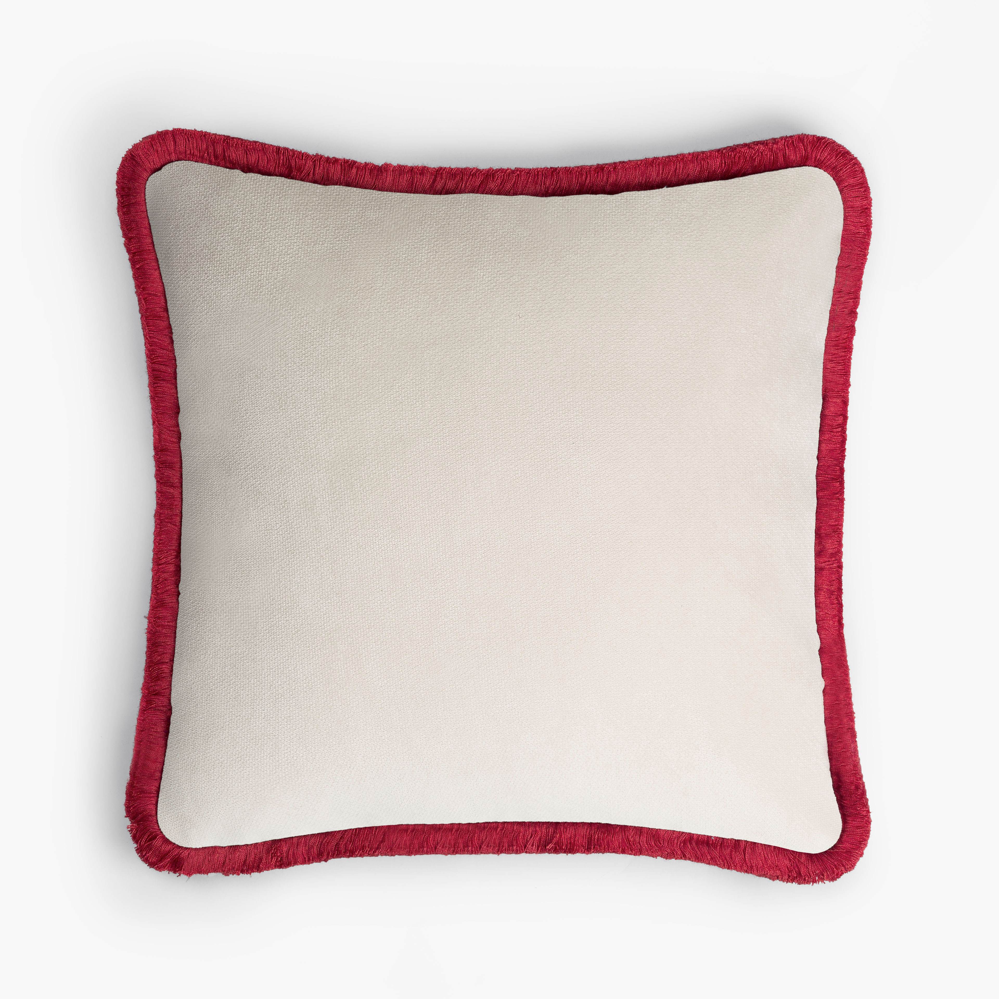 Lo Decor Cloudy Velvet Pillow - Dirty White with Red Fringes