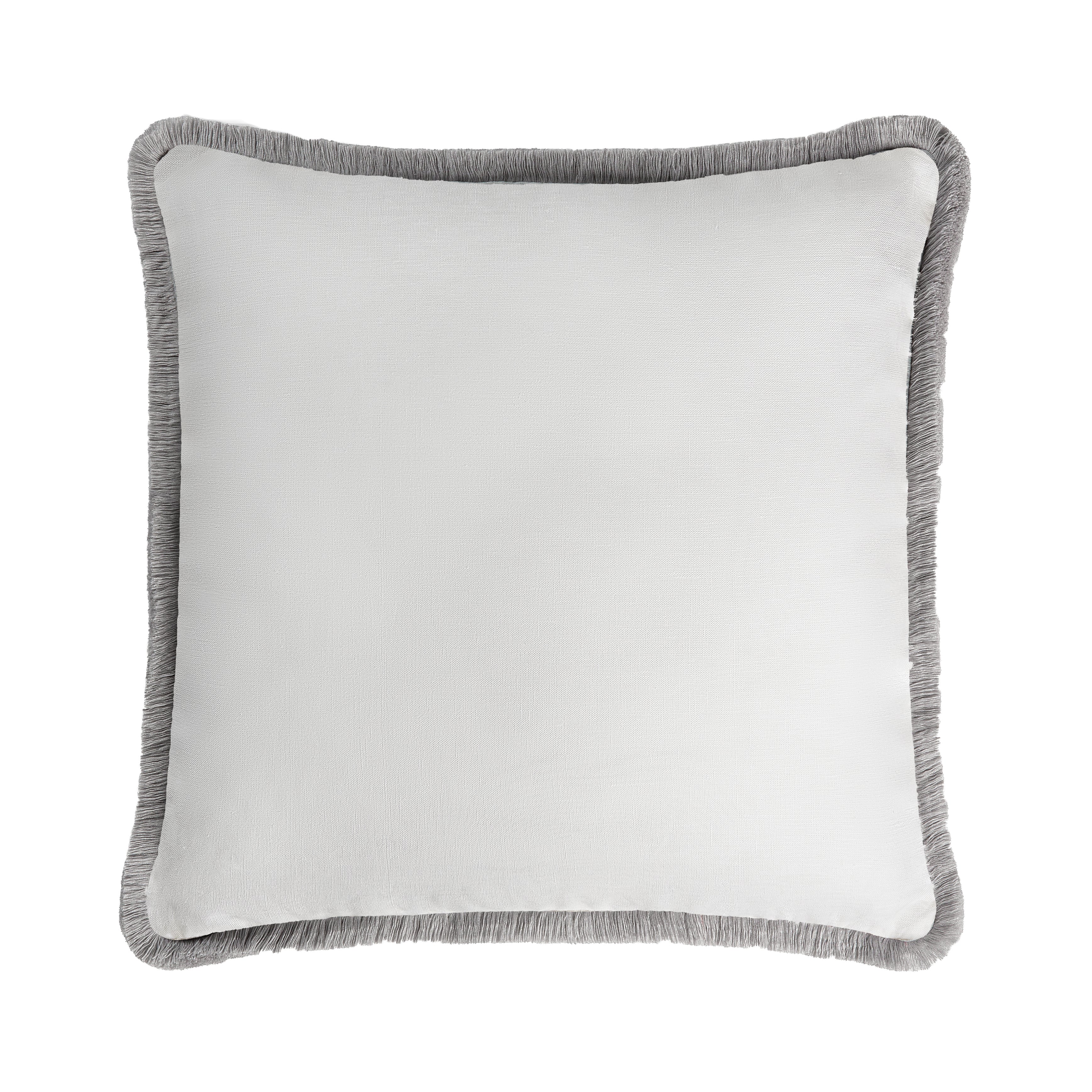 Happy Linen Pillow with Grey Fringes