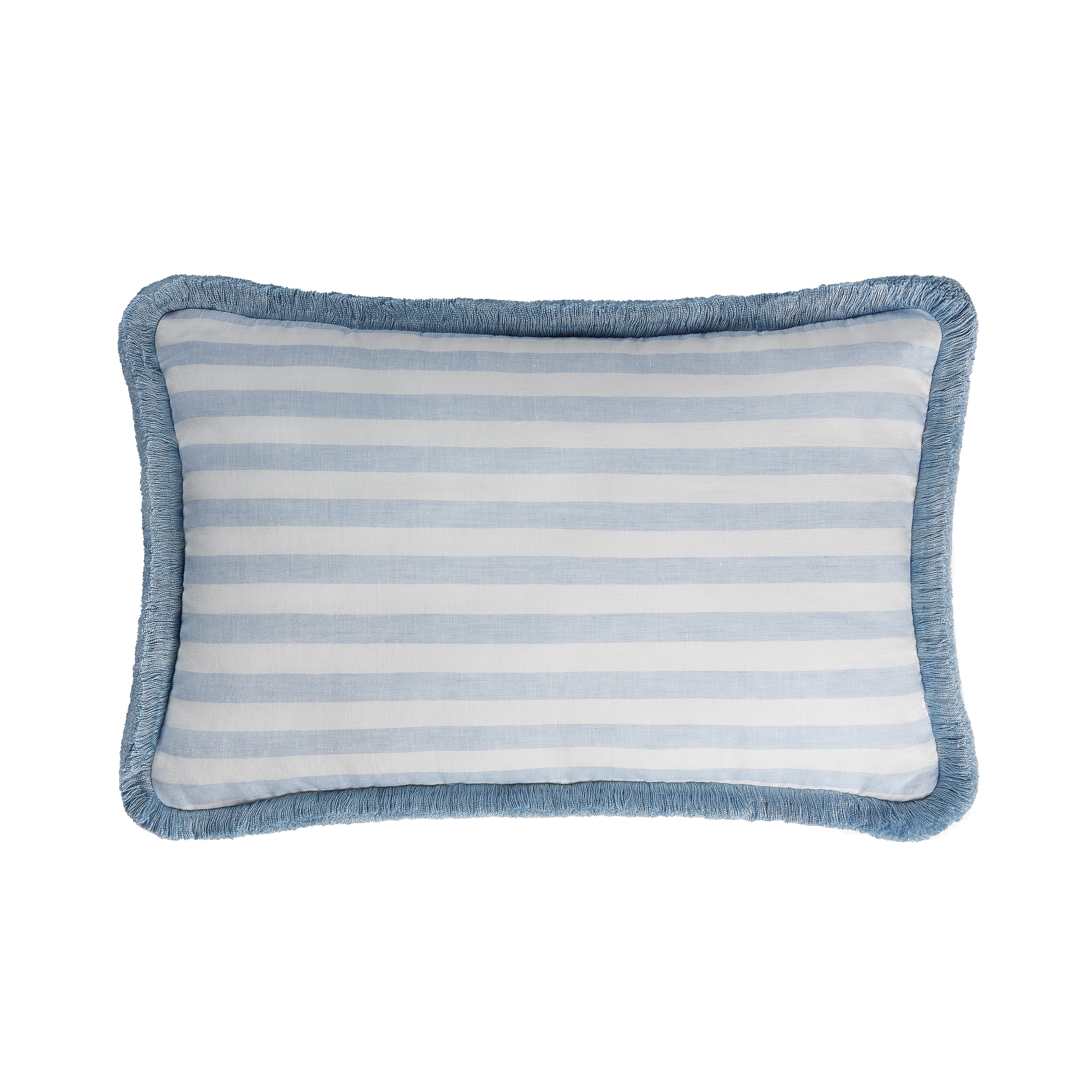 Happy Linen Pillow - Striped White & Light Blue with Cotton Fringes