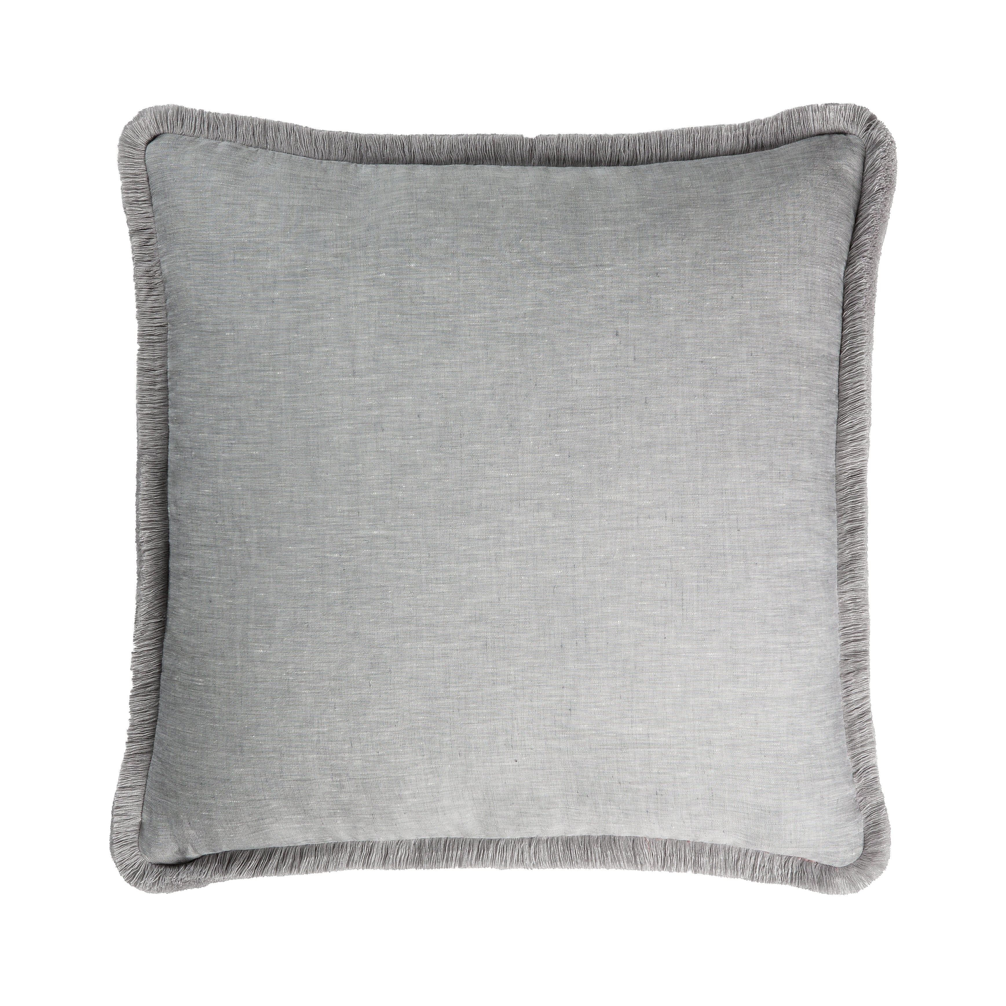 Happy Linen Pillow with Grey Cotton Fringes