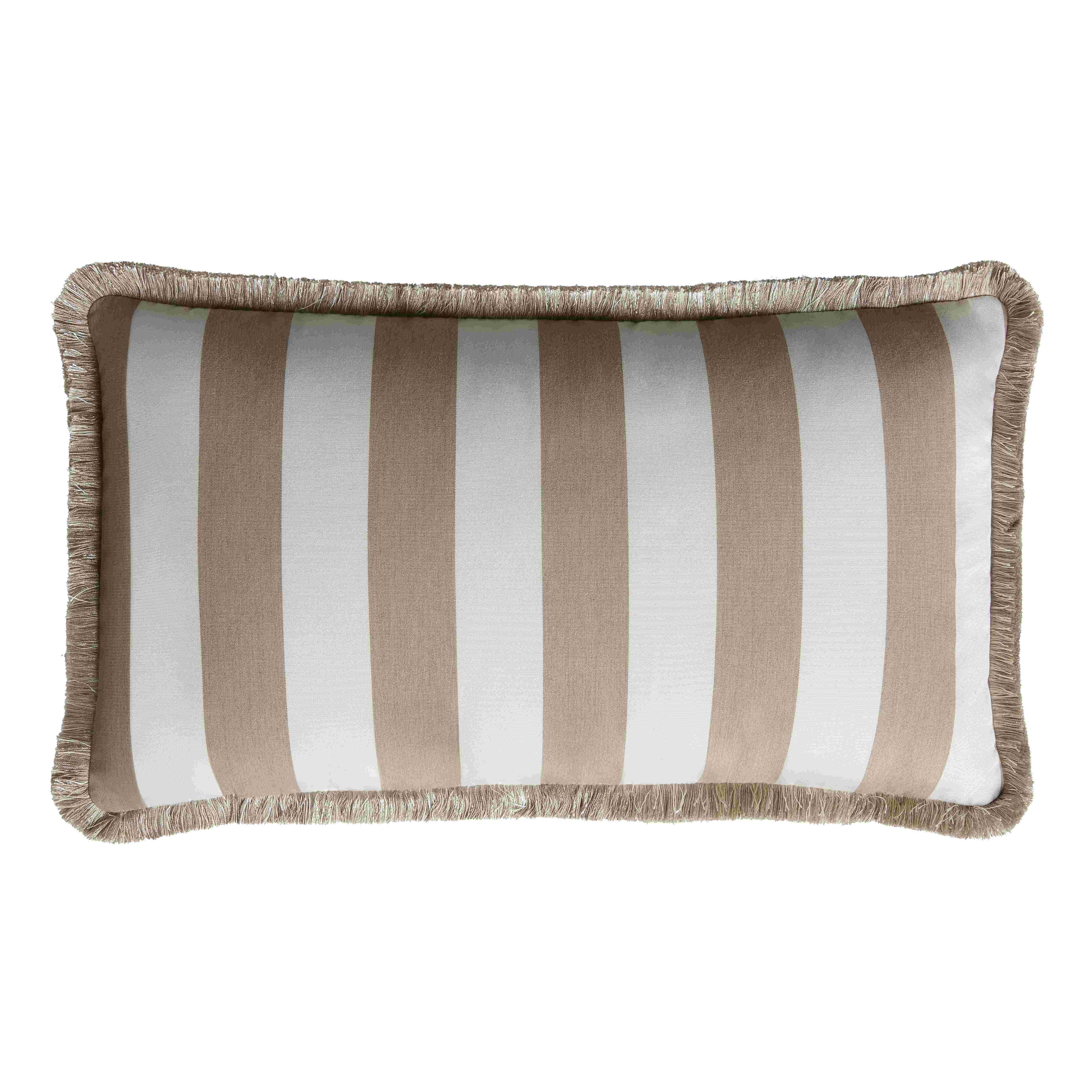 Beige Striped Fringe Cushion by Lo Decor