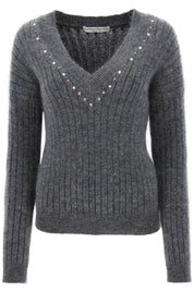 Alessandra Rich Wool Knit Sweater With Studs And Crystals   Grey