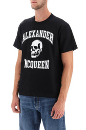 Alexander Mcqueen T Shirt With Varsity Logo And Skull Print   Black