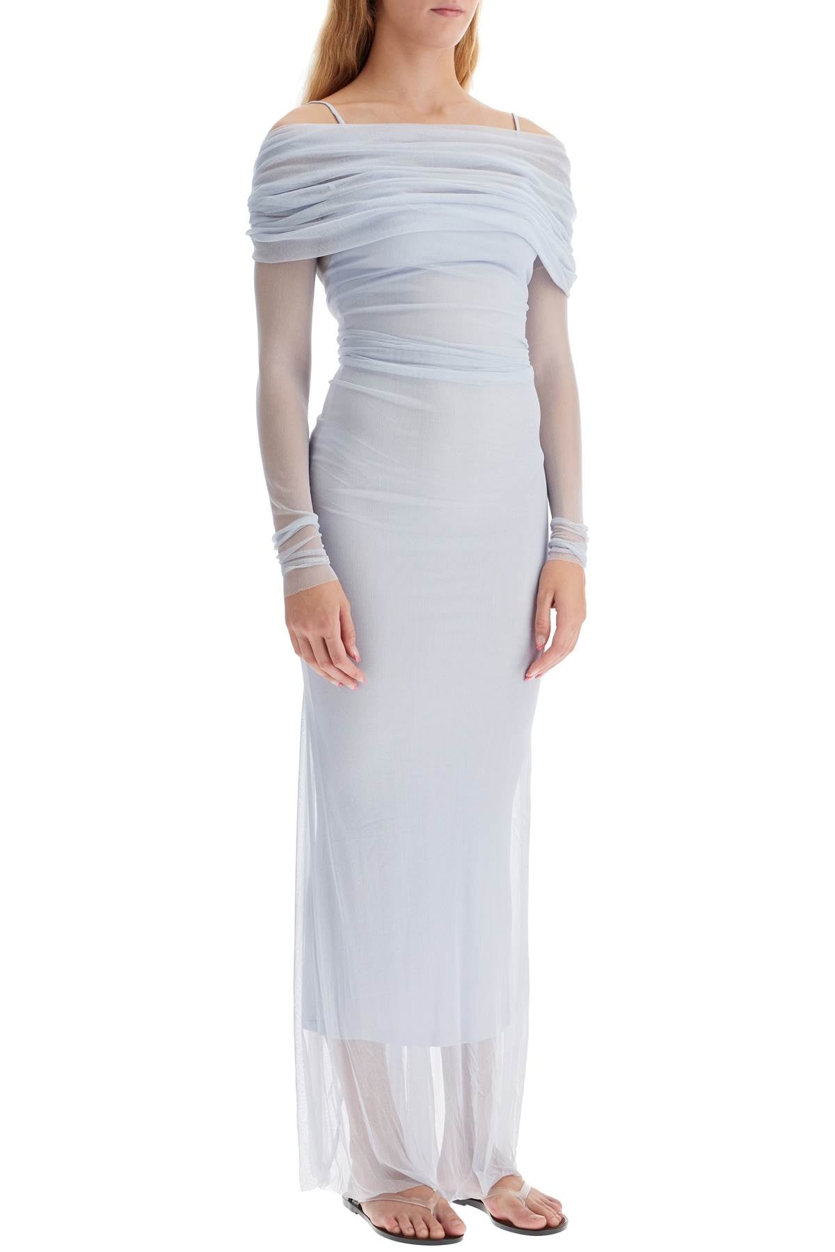 Christopher Esber Maxi Off Shoulder Silk Tulle Dress   Light Blue