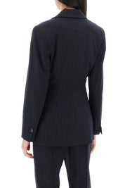 Ganni Single Breasted Pinstriped Blazer   Blue