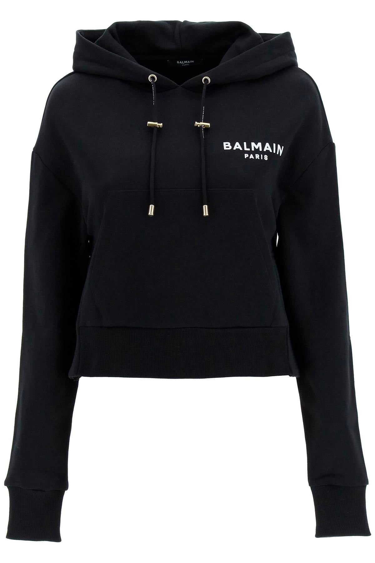 Balmain Cropped Hoodie With Flocked Logo   Black