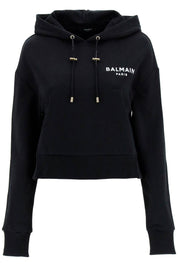 Balmain Cropped Hoodie With Flocked Logo   Black