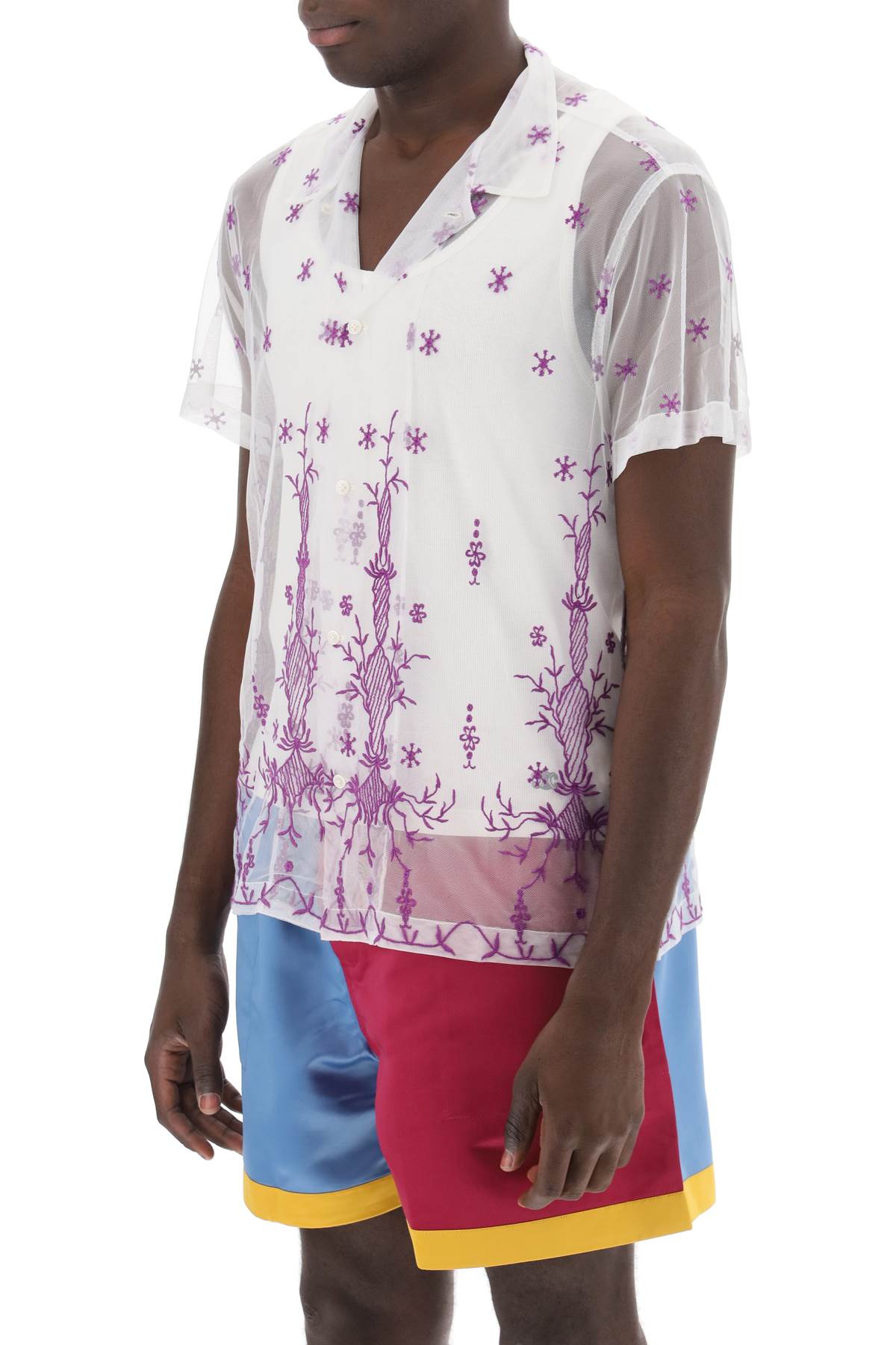 Bode Lavandula Bowling Shirt In Embroidered Tulle   White