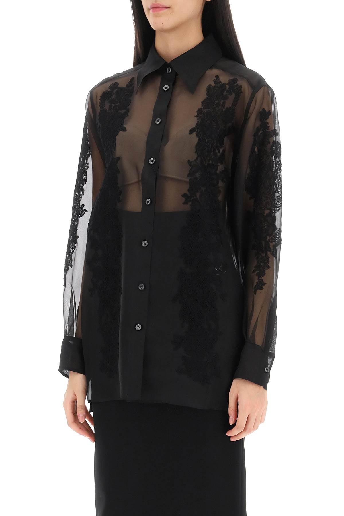 Dolce & Gabbana Organza Shirt With Lace Inserts   Black