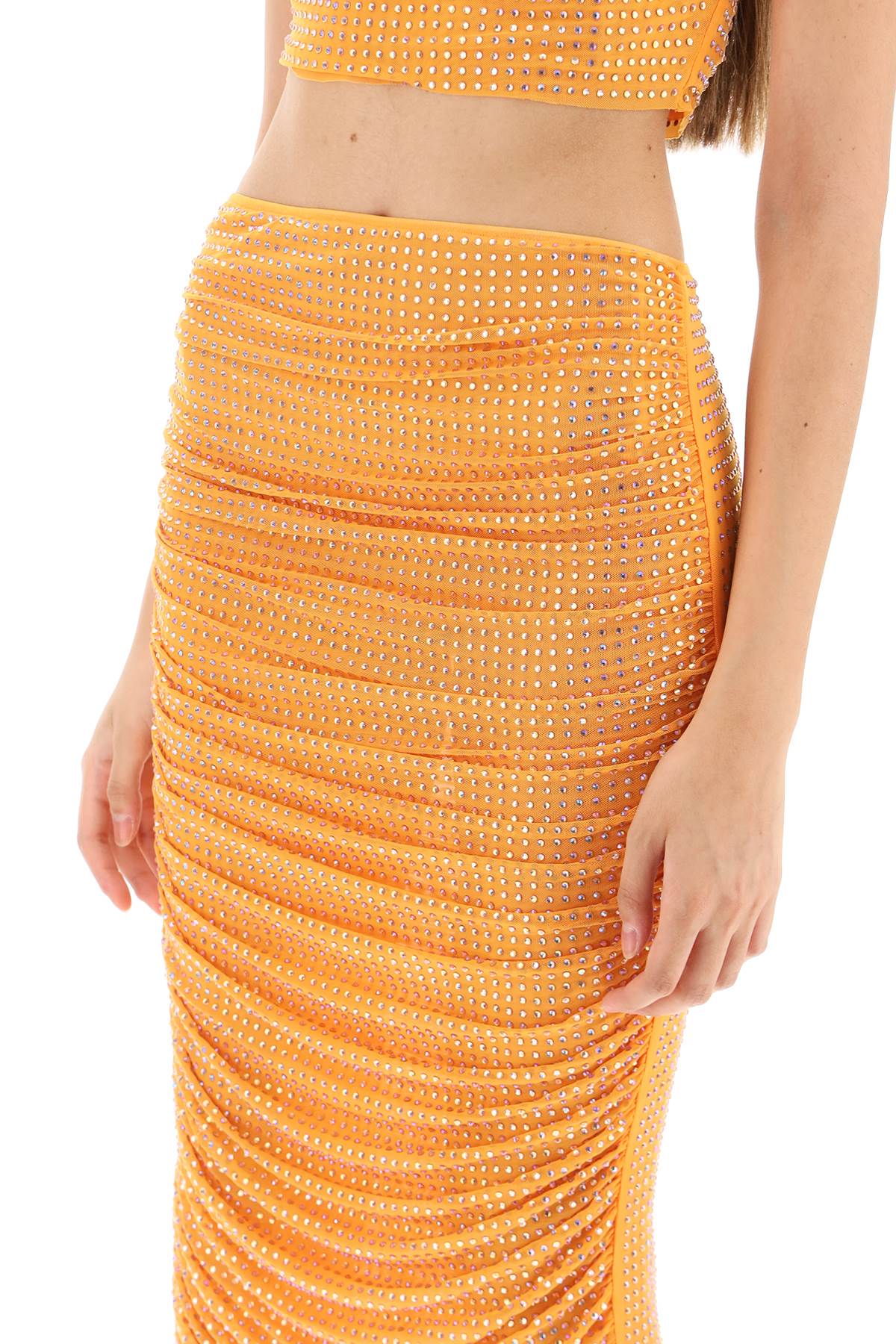 Self Portrait Draped Pencil Skirt With Rhinestones   Orange