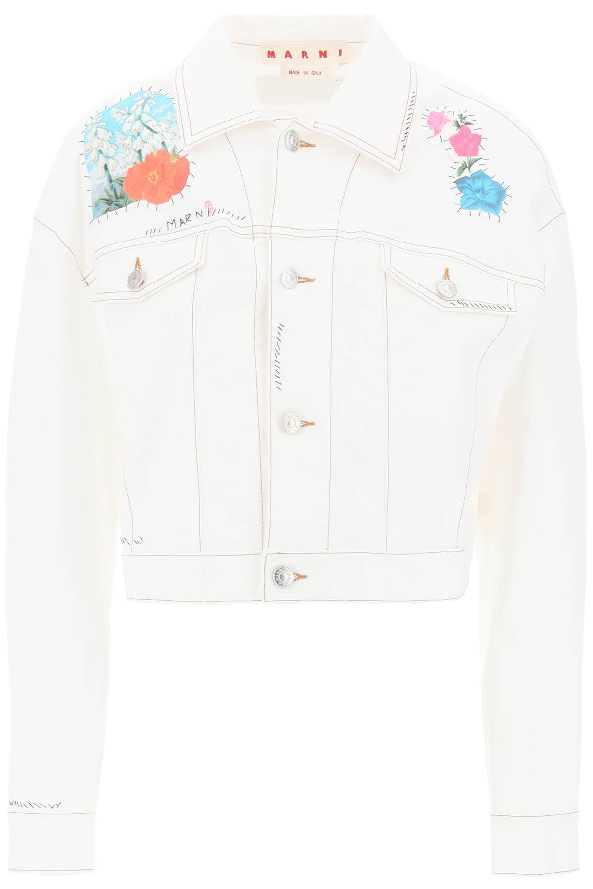 Marni Replace With Double Quotecropped Denim Jacket With Flower Patches And Embroideryreplace With Double Quote   White