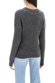 Alessandra Rich Wool Knit Sweater With Studs And Crystals   Grey