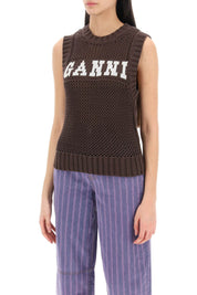 Ganni Open Stitch Knitted Vest With Logo   Brown