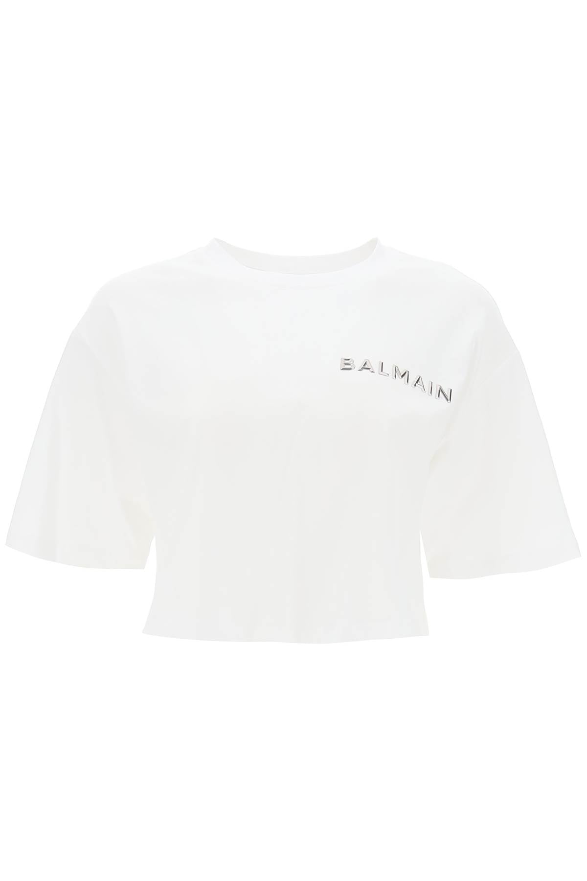 Balmain Cropped T Shirt With Metallic Logo   White