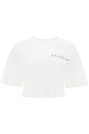 Balmain Cropped T Shirt With Metallic Logo   White