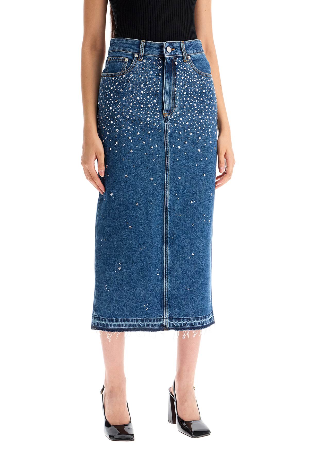 Alessandra Rich Replace With Double Quotedenim Midi Skirt With Rhin   Blue