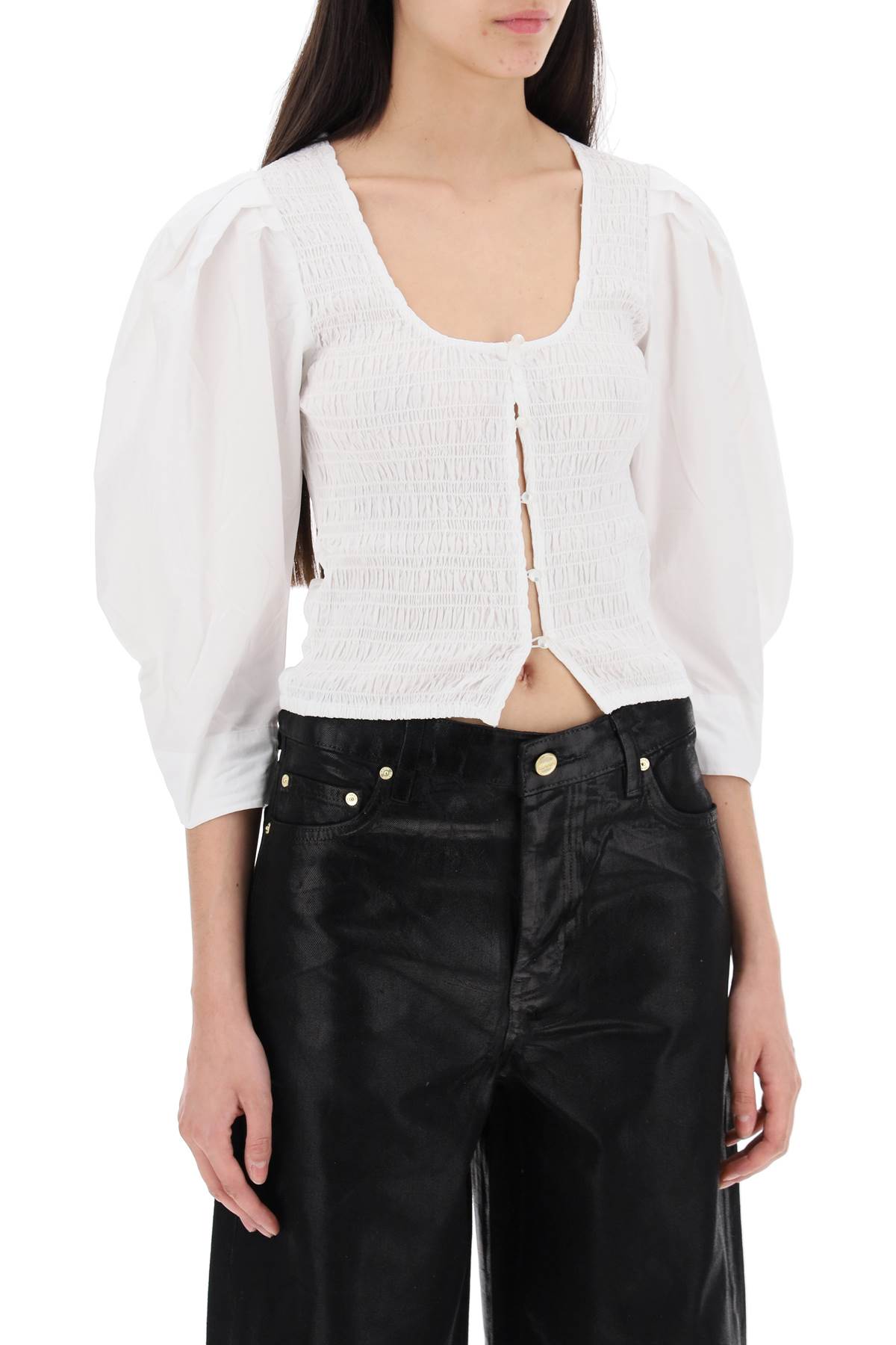 Ganni Replace With Double Quotepoplin Smock Blouse   White