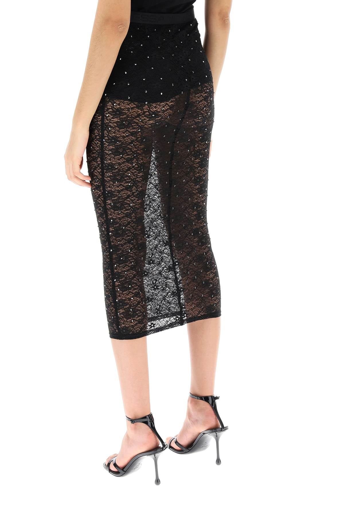 Alessandra Rich Midi Skirt In Lace With Rhinestones   Black